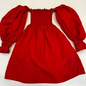 Red Linen Puff Sleeve Mini Dress